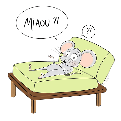 Illustration d'une souris qui dit 'miaou ?'